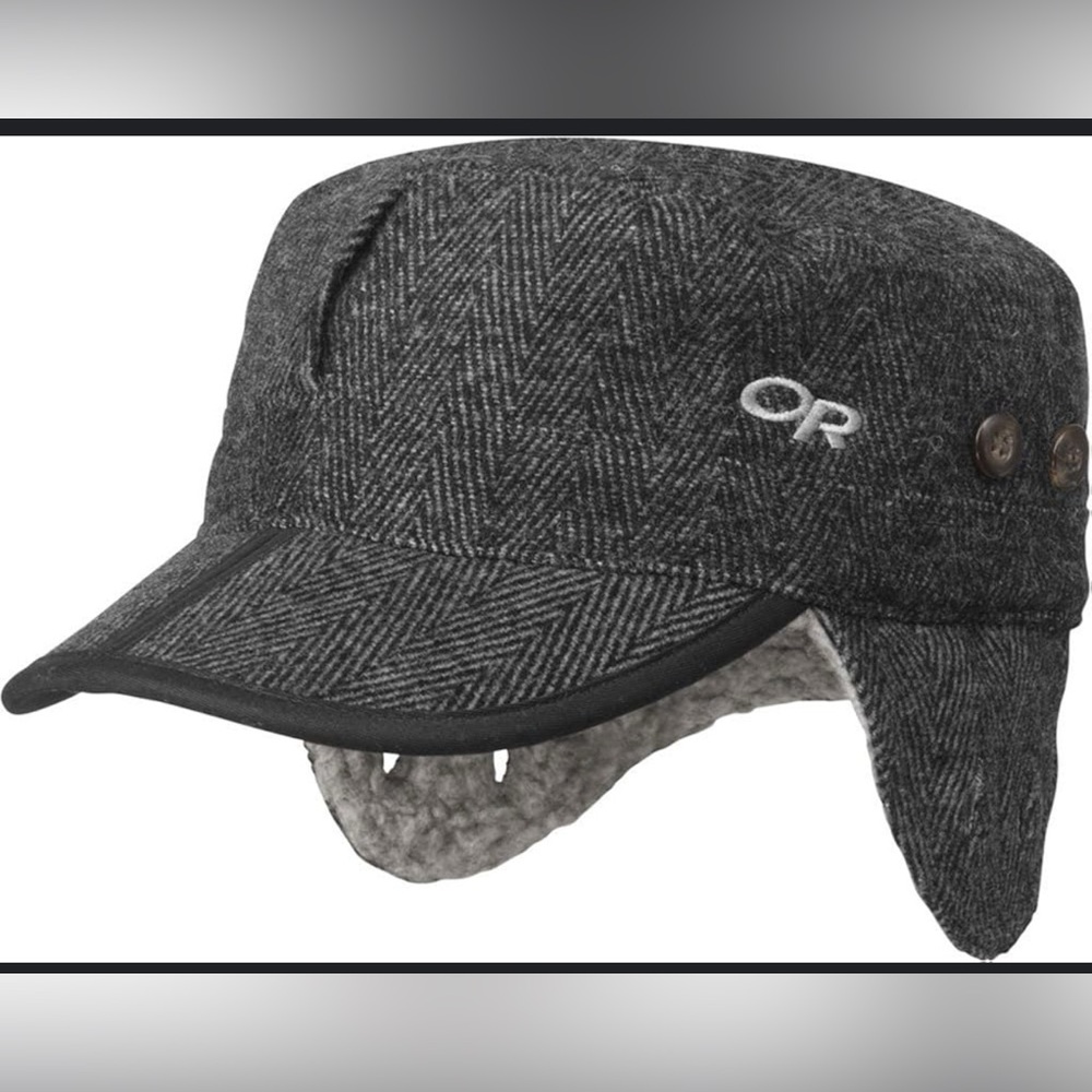 NWT Outdoor Research Yukon Cap in Charcoal Herringbone - Folding Brim & Earflaps